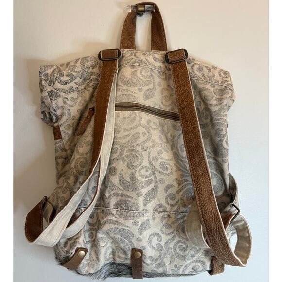Myra Bag Backpack Upcycled Canvas Leather Hair on Hide Large Excellent Condition - Picture 3 of 11